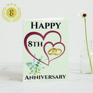 Elegant 8th Anniversary Card with Gold Heart Rings