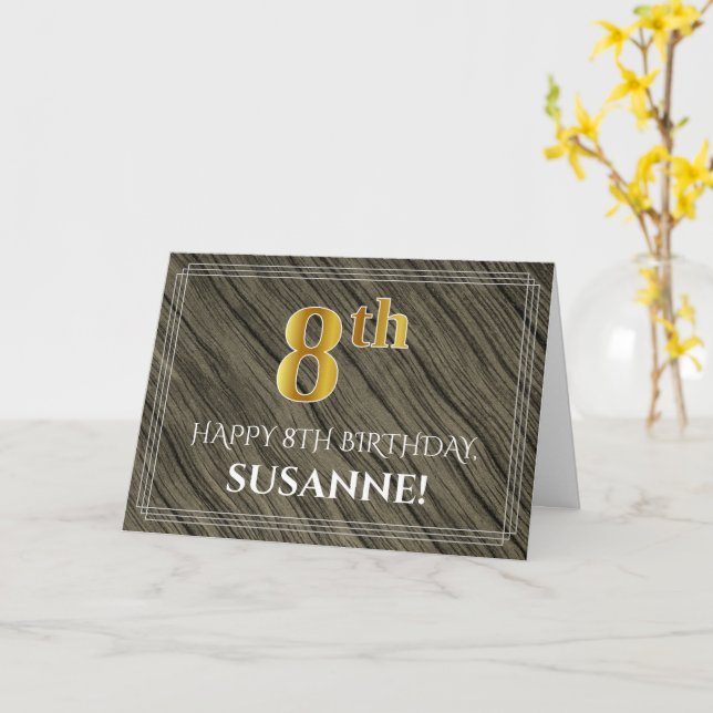 Elegant 8th Birthday: Faux Wood, Faux Gold Look Card (Yellow Flower)