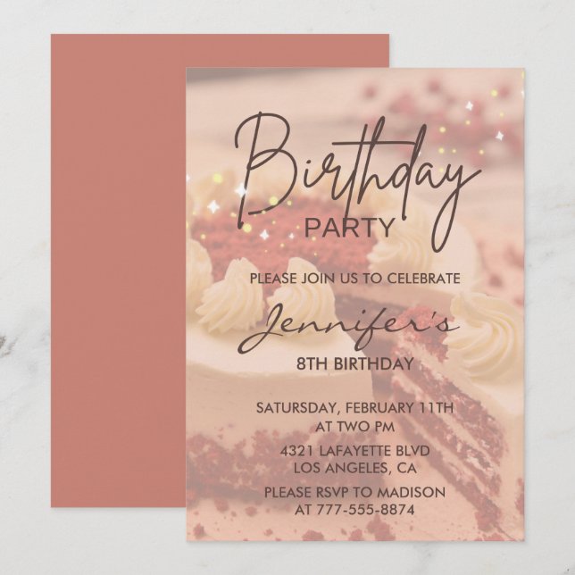 Elegant 8th birthday invitations Cake Chic (Front/Back)