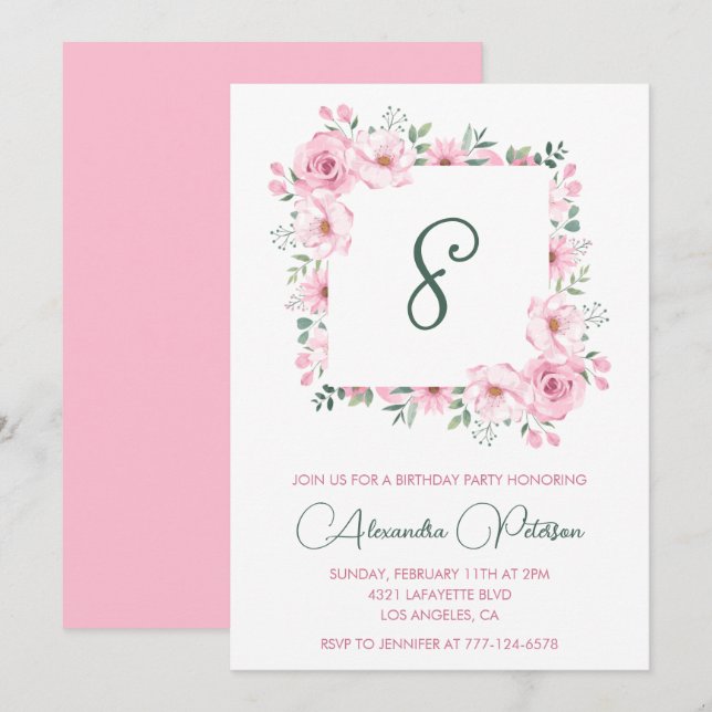Elegant 8th birthday invitations Floral  Pink (Front/Back)