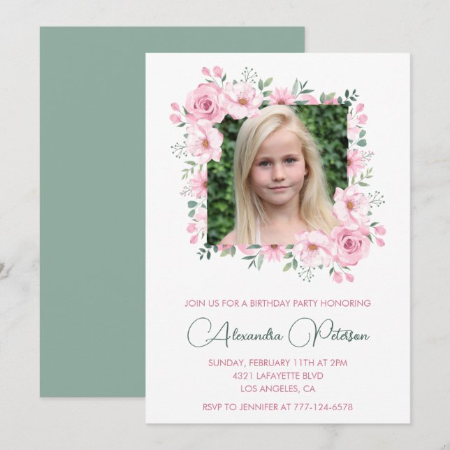 Elegant 8th birthday invitations Photo Boho (Front/Back)