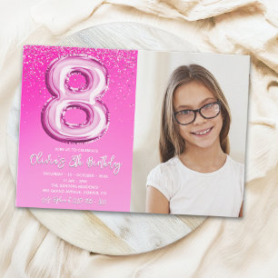 Elegant 8th Birthday Pink Number Balloon with phot Invitation