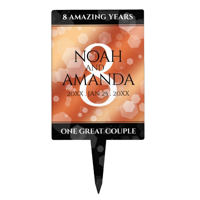 Elegant 8th Bronze Wedding Anniversary Celebration Cake Topper (Front)