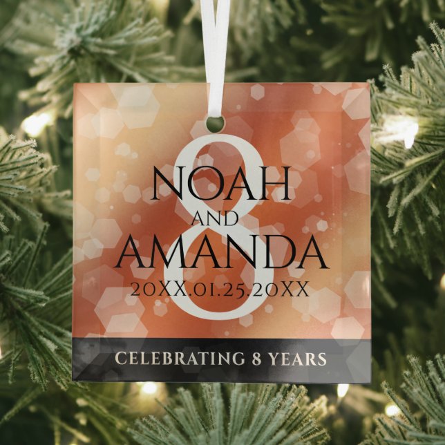 Elegant 8th Bronze Wedding Anniversary Celebration Glass Ornament (Insitu)