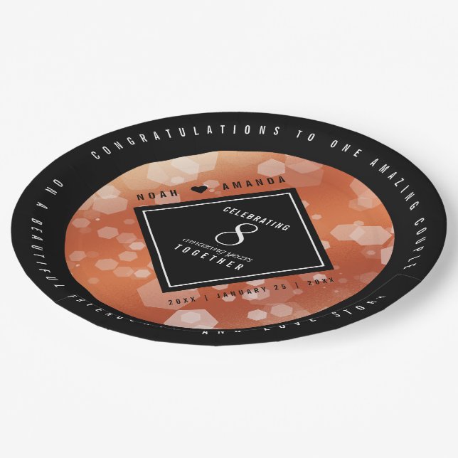 Elegant 8th Bronze Wedding Anniversary Celebration Paper Plates (Angled)