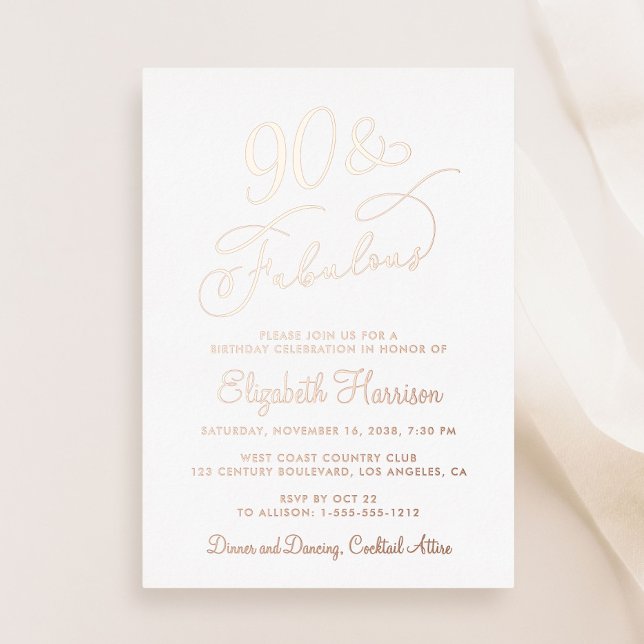 Elegant 90 And Fabulous 90th Birthday Party Foil Invitation (Creator Uploaded)