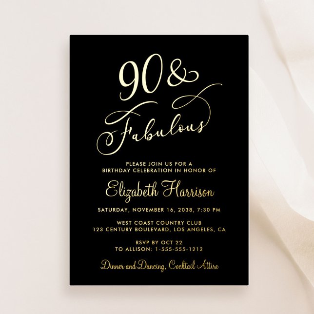 Elegant 90 And Fabulous Black 90th Birthday Party Foil Invitation (Creator Uploaded)