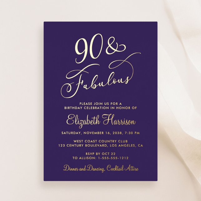 Elegant 90 And Fabulous Purple 90th Birthday Party Foil Invitation (Creator Uploaded)
