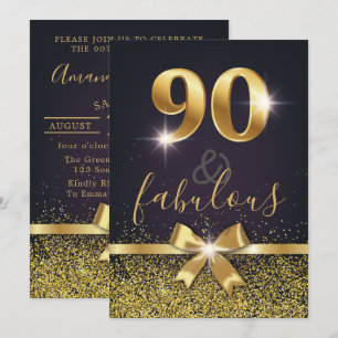 Elegant 90 & Fabulous Gold Glitter 90th Birthday Invitation