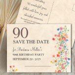 Elegant 90 Save The Date - Floral 90th Birthday Announcement Postcard<br><div class="desc">Elegant 90 Save The Date - Floral 90th Birthday Announcement Postcard. Announce an unforgettable celebration with this charming 90th birthday save-the-date card. Featuring a delicate floral design in soft watercolor hues and a bold "90" at the top, this card is the perfect way to ensure friends and family mark their...</div>