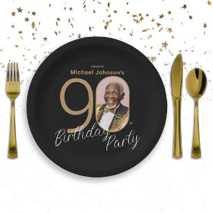 Elegant 90th Birthday Black Gold Custom Photo Paper Plates