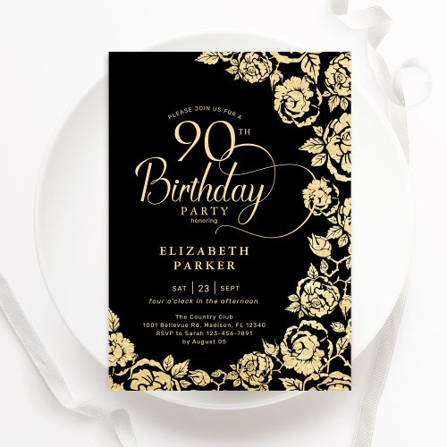 Elegant 90th Birthday Black Gold Roses