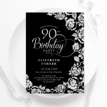Elegant 90th Birthday Black Silver Roses Invitation<br><div class="desc">Black silver floral 90th birthday party invitation. Elegant design featuring roses,  faux silver foil and typography script font. Trendy invite card perfect for a stylish female bday celebration. Can be customized to any age. Personalize with your own details. Printed Zazzle invitations or instant download digital printable template.</div>