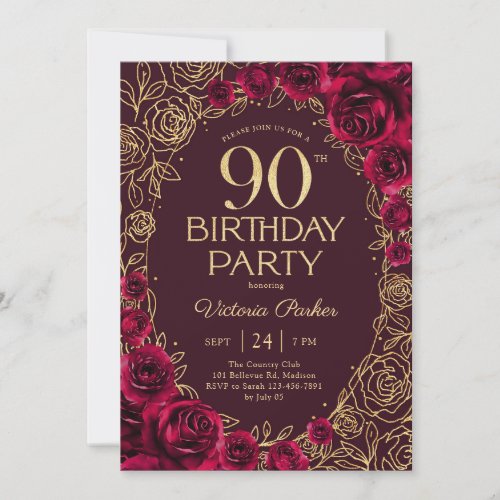 Elegant 90th Birthday Burgundy Gold Floral Invitation