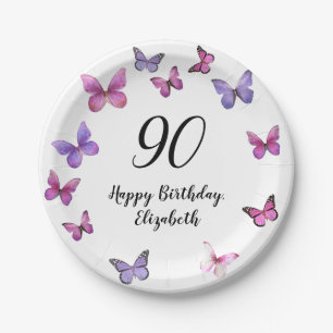 Elegant 90th Birthday Butterflies Custom Name Paper Plates