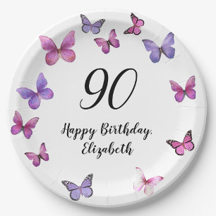 Elegant 90th Birthday Butterflies Custom Name Paper Plates