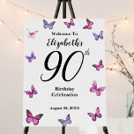 Elegant 90th Birthday Butterfly Welcome Foam Board<br><div class="desc">This pretty and elegant 90th birthday welcome sign for her is perfect to use at the door of the party room,  and will set a celebratory tone. the pink and purple butterflies make a nice,  feminine addition to a milestone birthday celebration.</div>