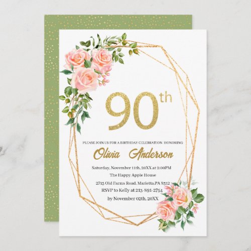 Elegant 90th  Birthday Celebration Watercolor Glit Invitation