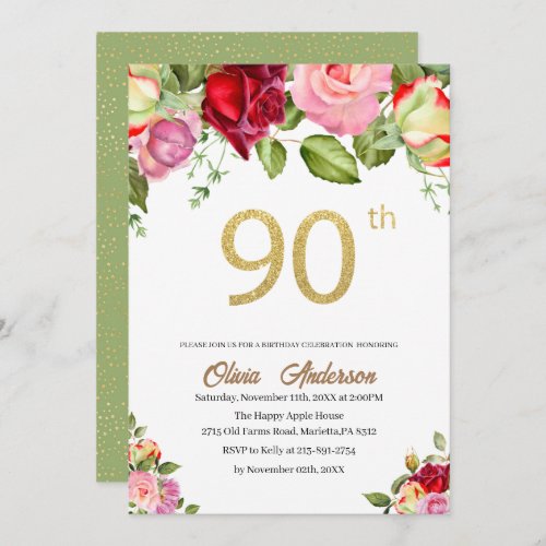 Elegant 90th  Birthday Celebration Watercolor Glit Invitation