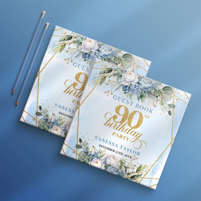 Elegant 90th Birthday Dusty Blue Greenery Frame  Guest Book (Elegant 90th Birthday Dusty Blue Greenery Frame Guest Book

)