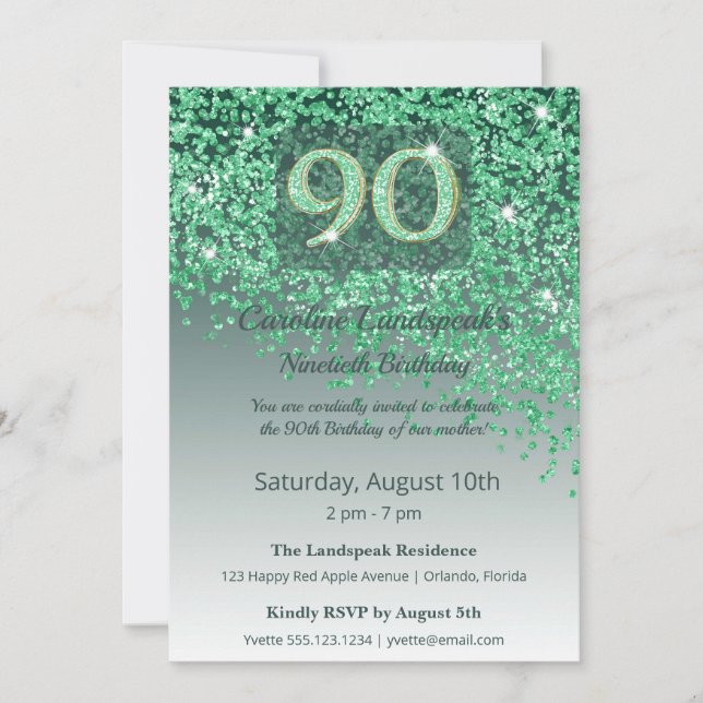 Elegant 90th Birthday Emerald Green Glitter  Invitation (Front)