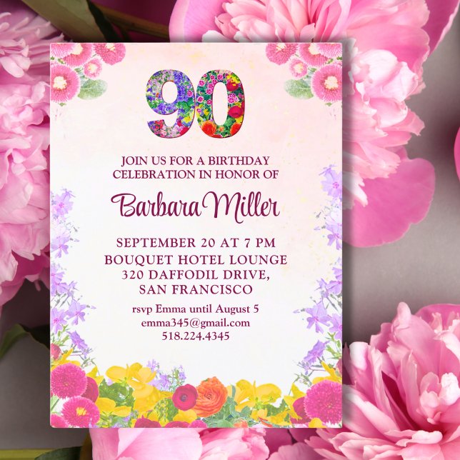 Elegant 90th Birthday - Floral 90 Invitation Postcard (Creator Uploaded)