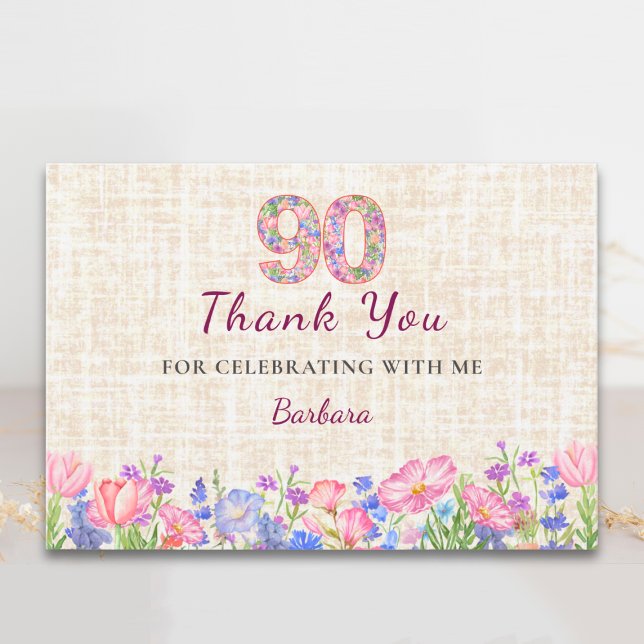 Elegant 90th Birthday for Her - Pink Flowers Thank You Card (Creator Uploaded)