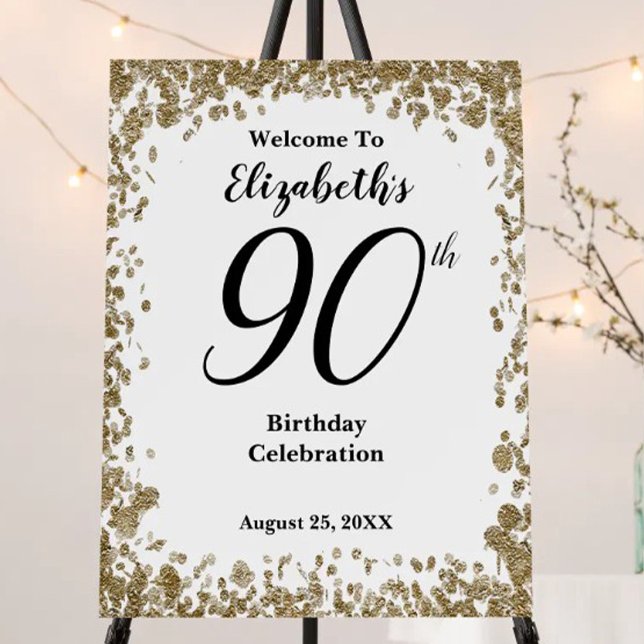 Elegant 90th Birthday Gold Sequins Welcome Sign (Creator Uploaded)