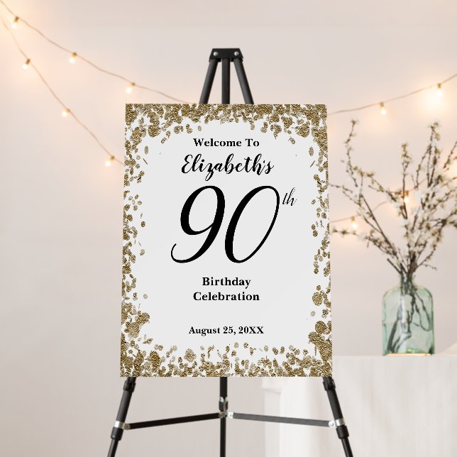 Elegant 90th Birthday Gold Sequins Welcome Sign (In Situ (Stand))