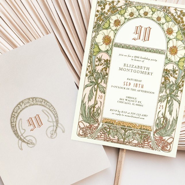 Elegant 90th Birthday Invitation Art Nouveau Mucha (Creator Uploaded)