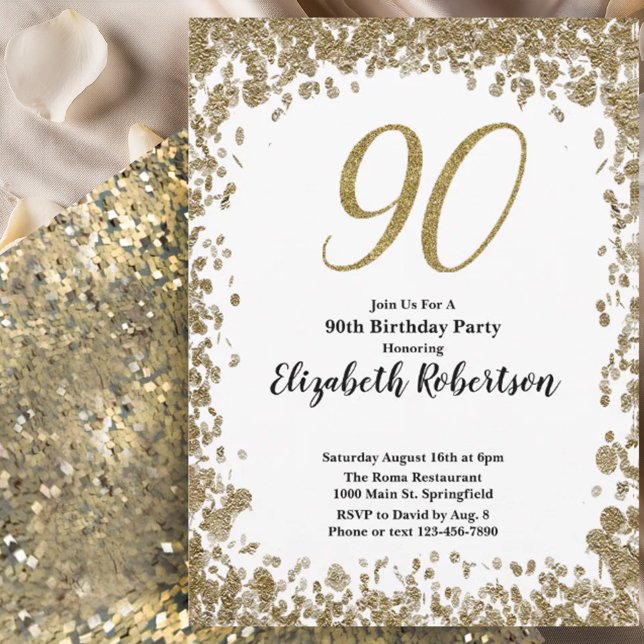 Elegant 90th Birthday Invitation For Her in Gold (Creator Uploaded)
