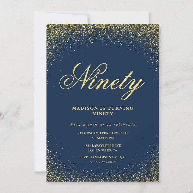 Elegant 90th birthday invitation Gold Navy Glam (Front)