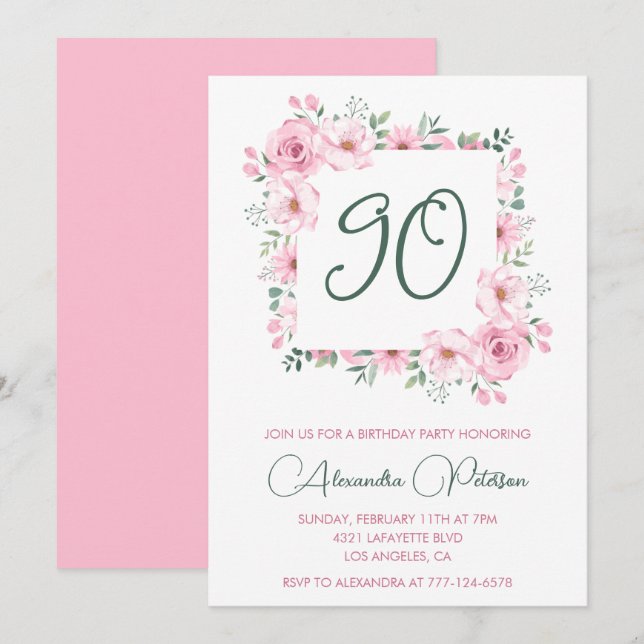 Elegant 90th birthday invitations Floral  Pink (Front/Back)