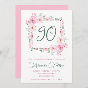 Elegant 90th birthday invitations Floral Pink