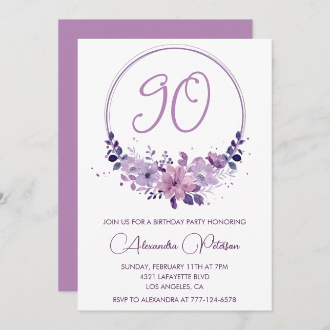 Elegant 90th birthday invitations Floral Purple (Front/Back)