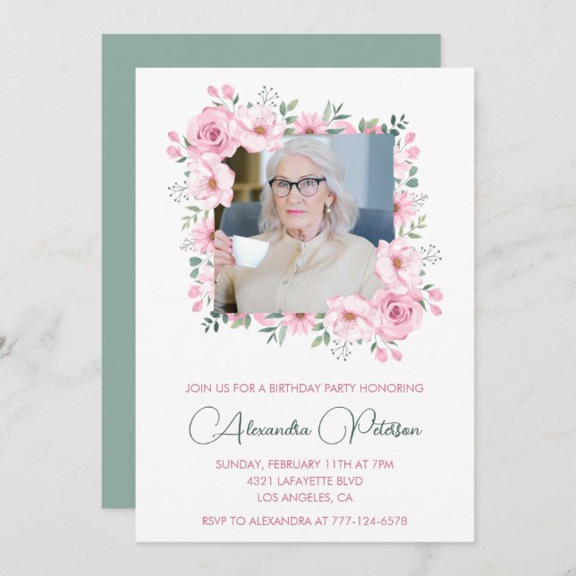 Elegant 90th birthday invitations Photo Boho (Front/Back)