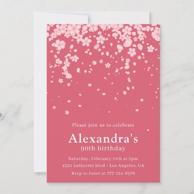 Elegant 90th birthday invitations Pink Floral (Front)