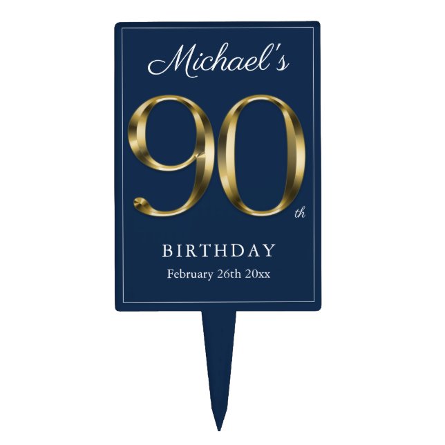 Elegant 90th Birthday Navy Blue Solid Gold Text  Cake Topper (Front)
