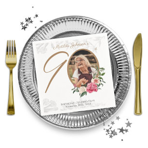 Elegant 90th Birthday Party Floral Botanical Photo Napkins
