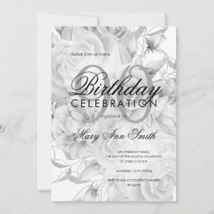 Elegant 90th Birthday Party Floral Silver White Invitation