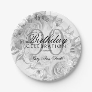 Elegant 90th Birthday Party Floral Silver White Paper Plates