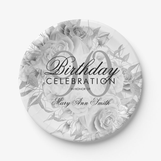 Elegant 90th Birthday Party Floral Silver White Paper Plates (Front)