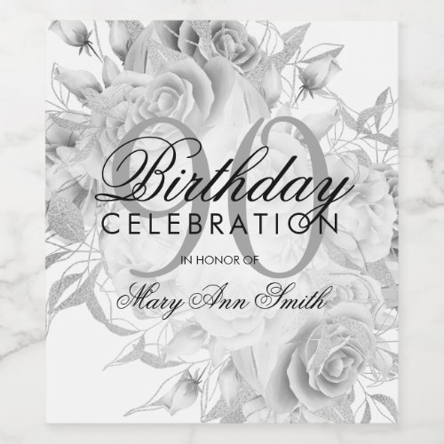 Elegant 90th Birthday Party Floral Silver White Wine Label