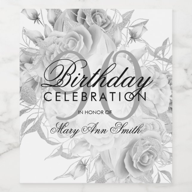 Elegant 90th Birthday Party Floral Silver White Wine Label (Single Label)