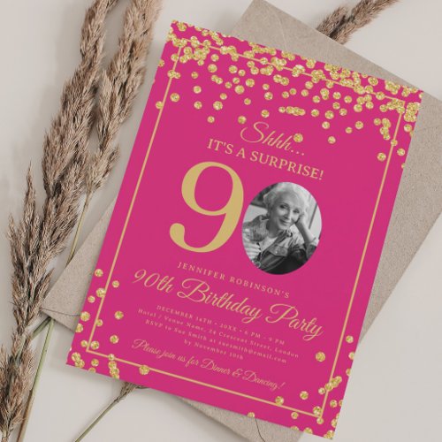 Elegant 90th Birthday Party Gold Confetti Hot Pink Invitation