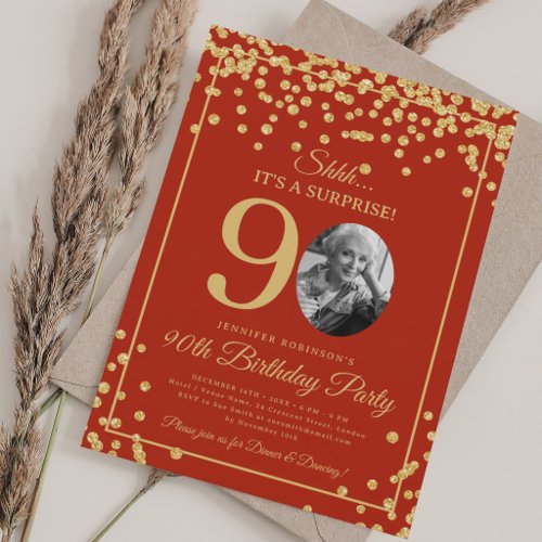 Elegant 90th Birthday Party Gold Confetti Red  Invitation