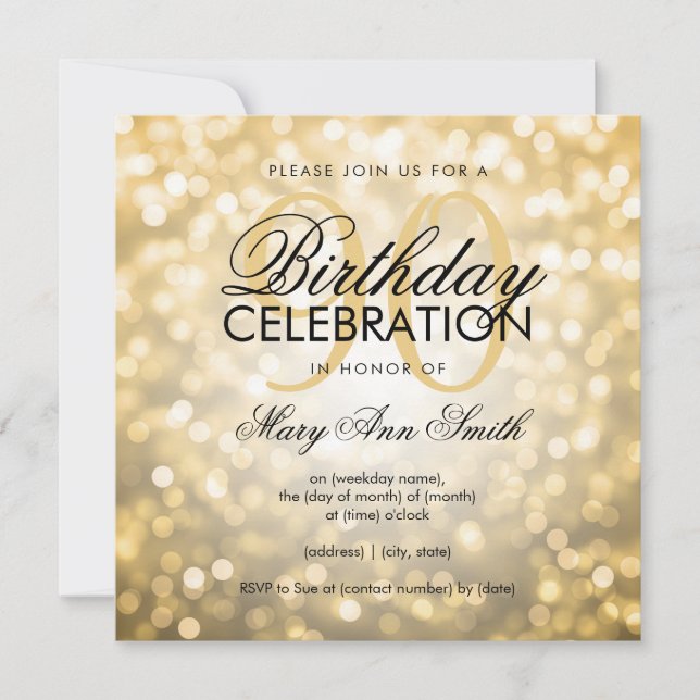 Elegant 90th Birthday Party Gold Glitter Lights Invitation (Front)