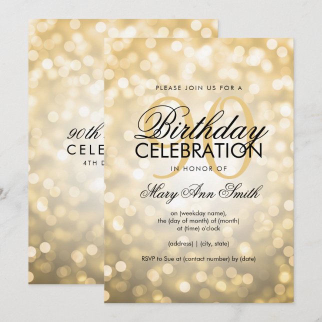 Elegant 90th Birthday Party Gold Glitter Lights Invitation (Front/Back)
