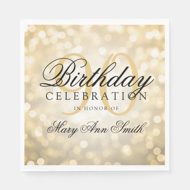 Elegant 90th Birthday Party Gold Glitter Lights Paper Napkins (Front)