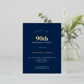 Elegant 90th Birthday Party Navy Blue Foil Invitation Postcard | Zazzle